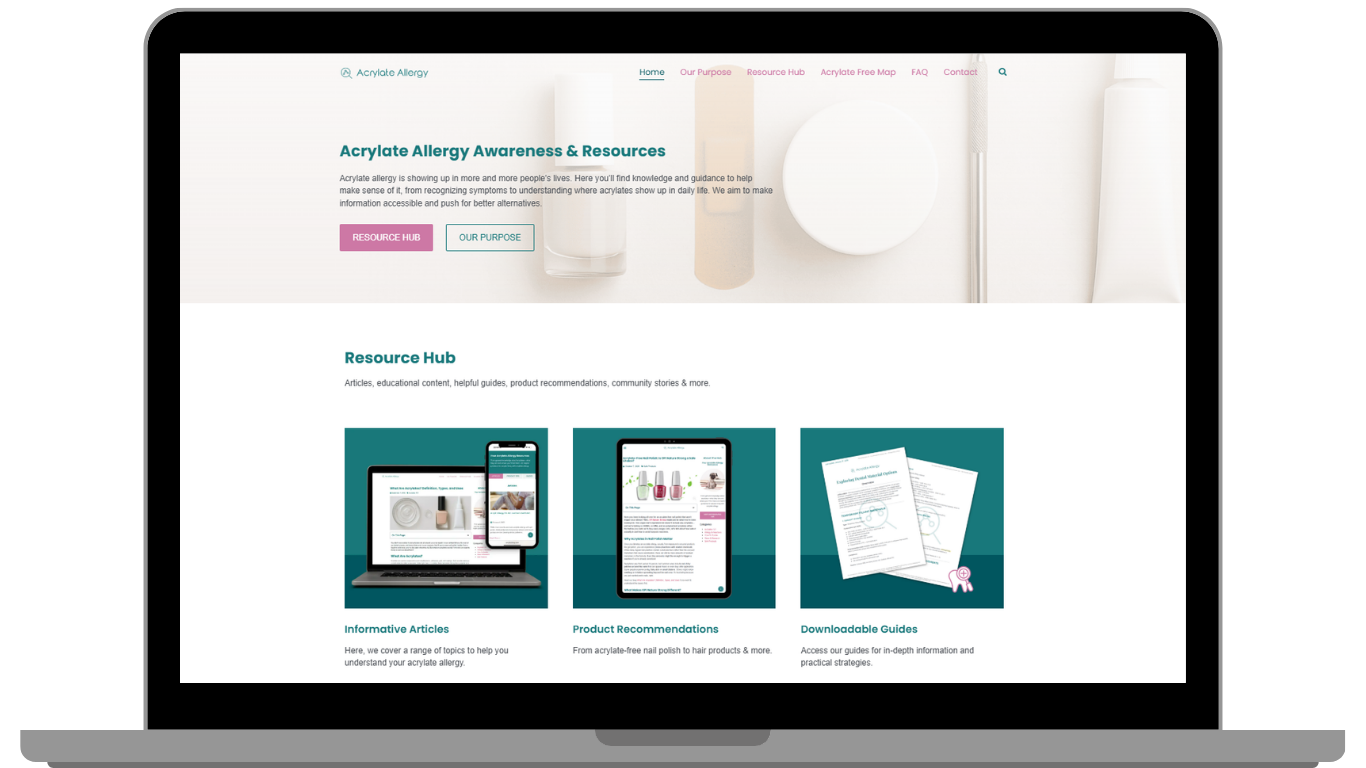 Screenshot van de Acrylate Allergy website op een laptop, met de homepage die de hero sectie, navigatie en Resource Hub toont met informatieve artikelen, productaanbevelingen en downloadbare gidsen.