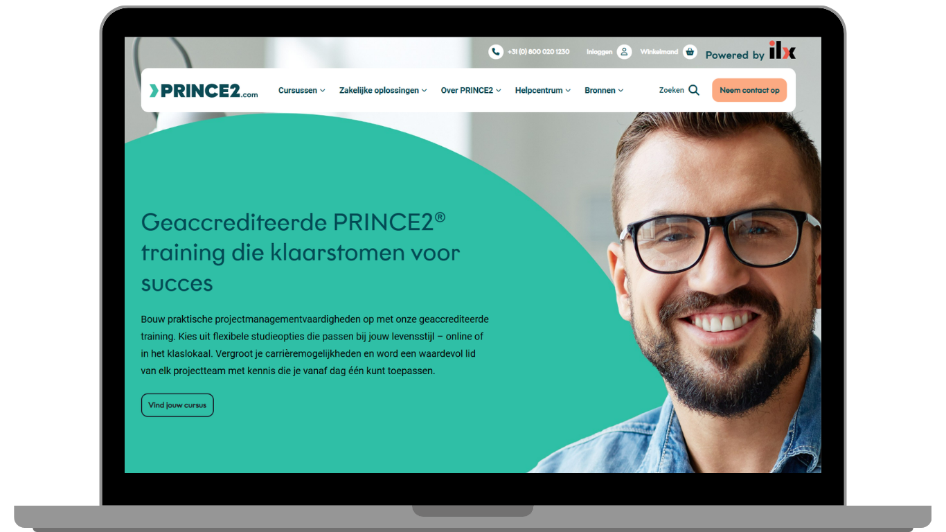 Screenshot van de PRINCE2.com website op een laptop, met de Nederlandse homepage die geaccrediteerde PRINCE2 training toont.